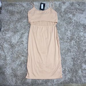 Midi tan body con dress with mid chest cut out